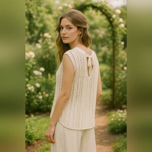 Club Monaco Crochet Open Knit Top Size M Tie Neck Sweater